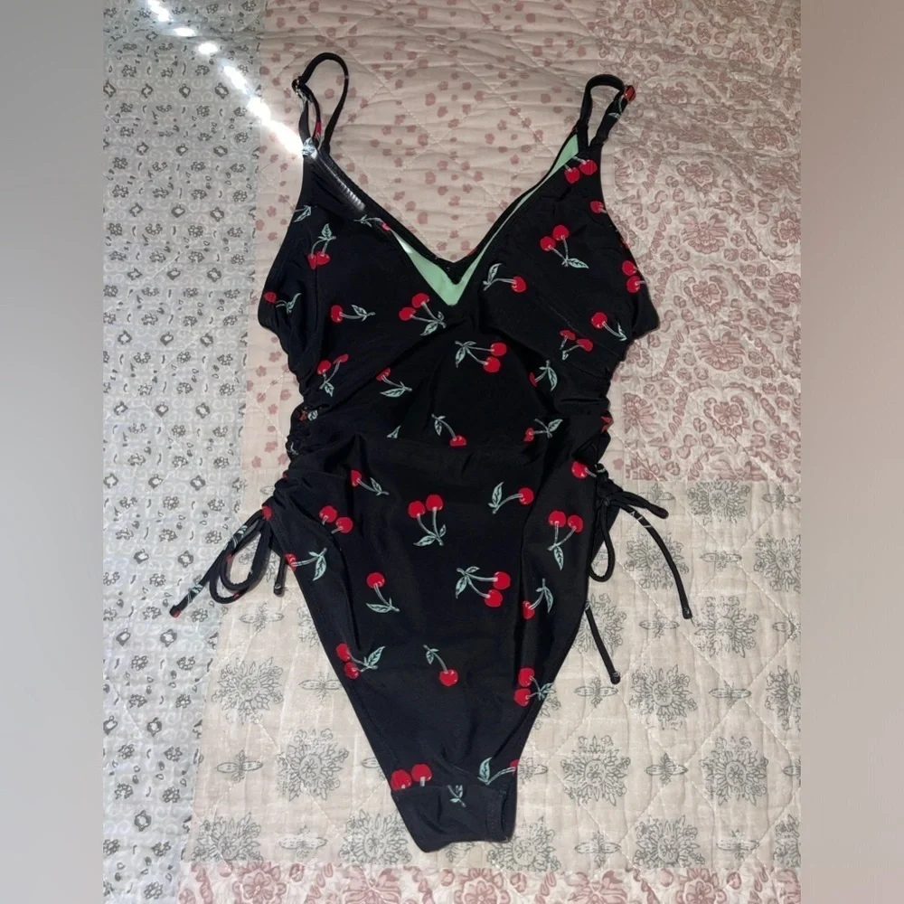 California Sunshine Cherry Print One Piece Swimsuit Ruched Tie Sides Size M